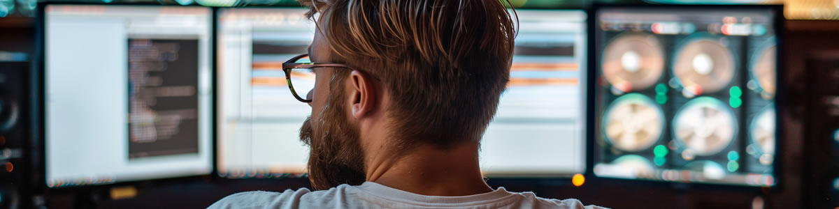 A person sitting begind one large computer monitor and one small computer monitor