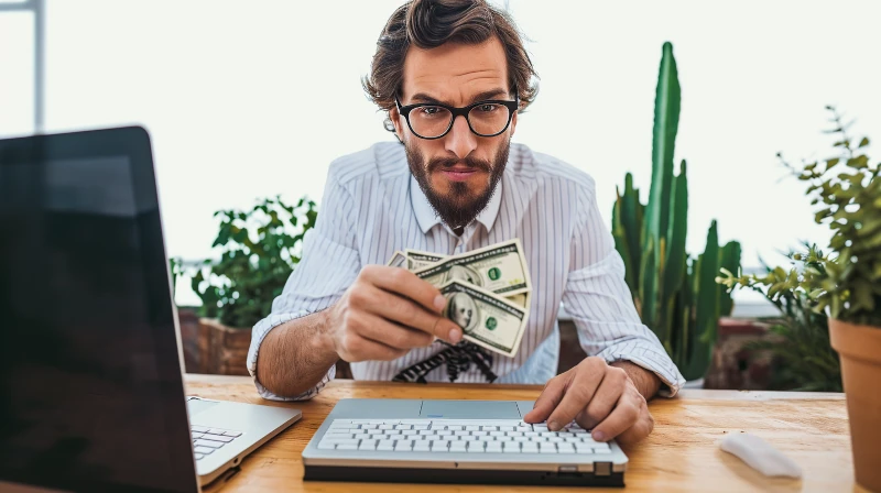 man geeft fooi aan zijn computer